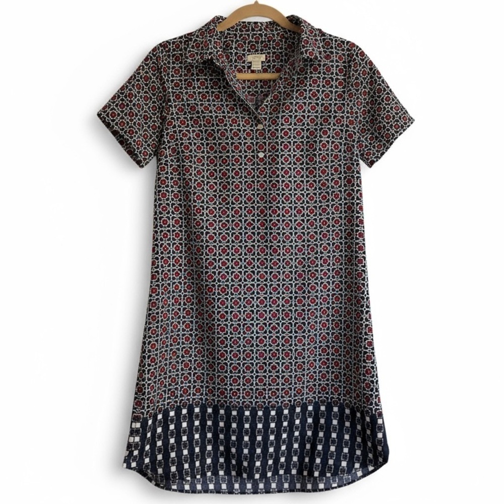 J. Crew Short Sleeve Shirt Dress Multicolor Geometric Print Preppy Casual Size 4